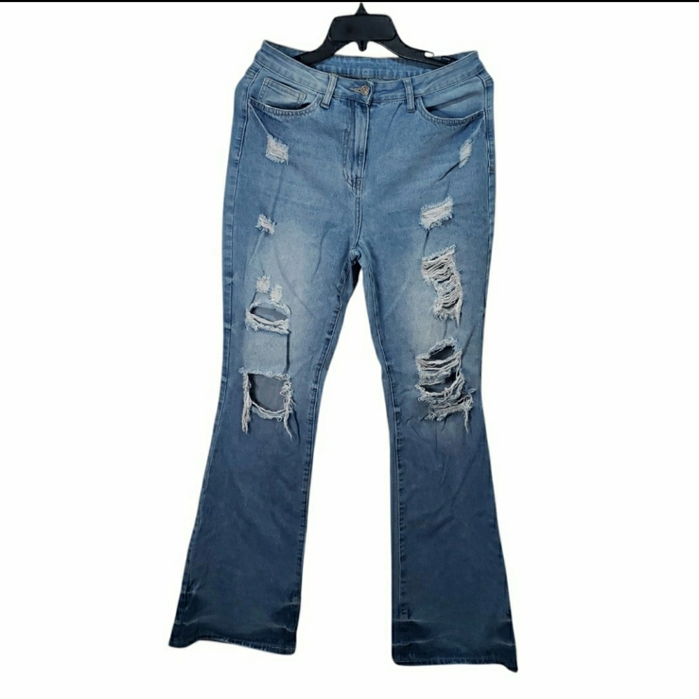 Women Distressed Flare Jeans - Light Blue | Large